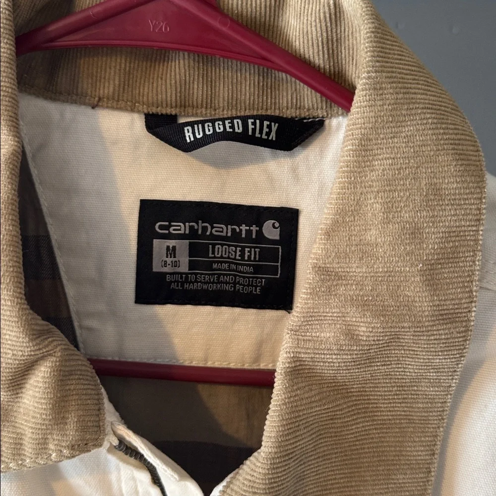 Carhartt Men’s Cream Canvas Jacket with Brown Corduroy Collar - Picture 2 of 5